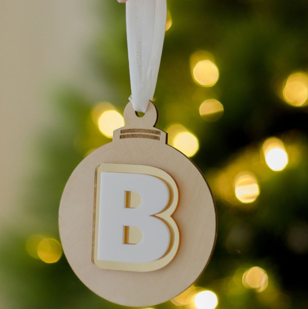 Wooden Bauble - Gold &amp; White Letter Decoration