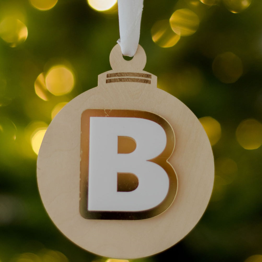 Wooden Bauble - Gold &amp; White Letter Decoration