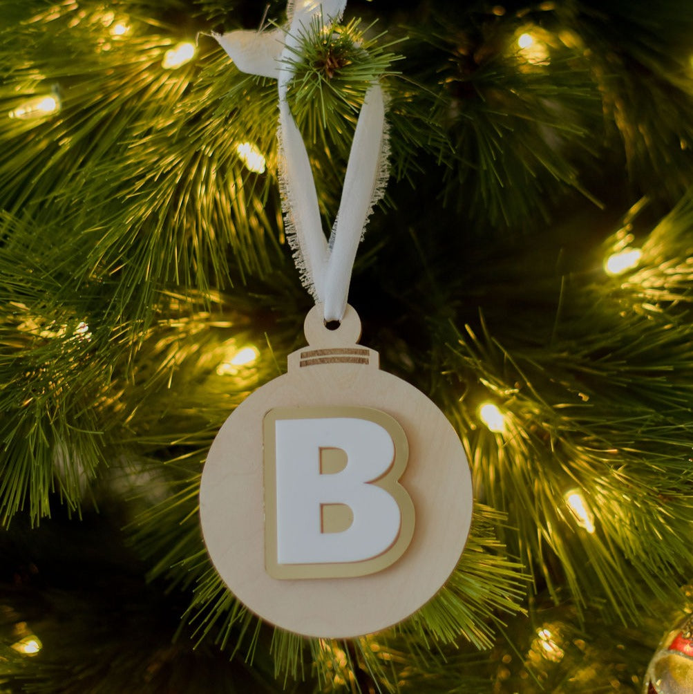 Wooden Bauble - Gold &amp; White Letter Decoration