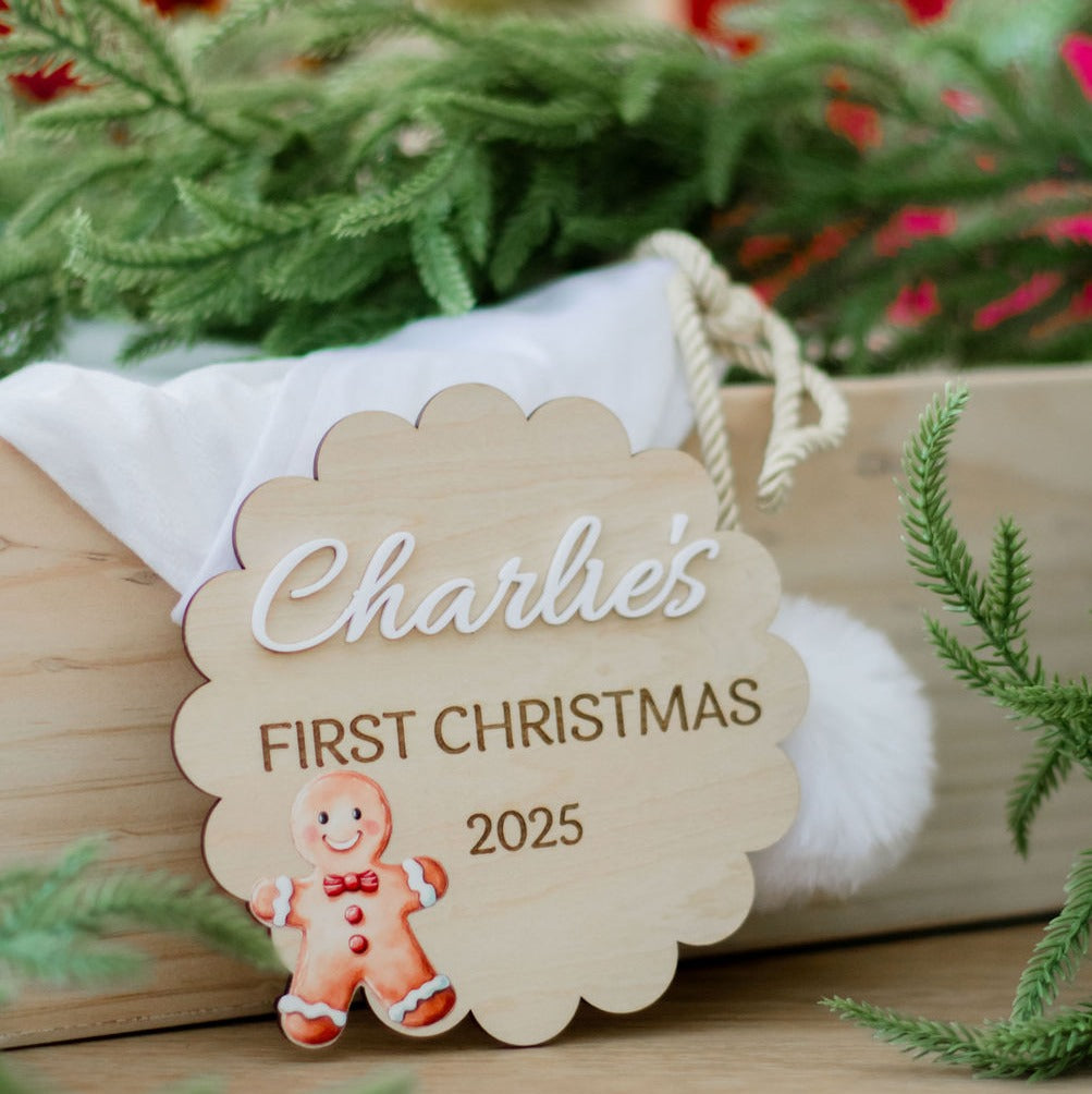 Scalloped First Christmas plaque with Watercolour design