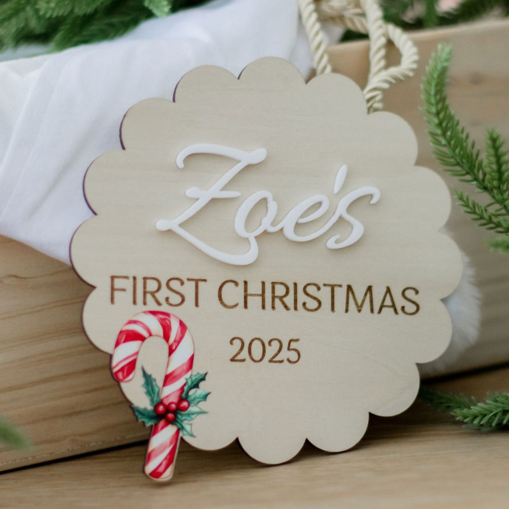 Scalloped First Christmas plaque with Watercolour design