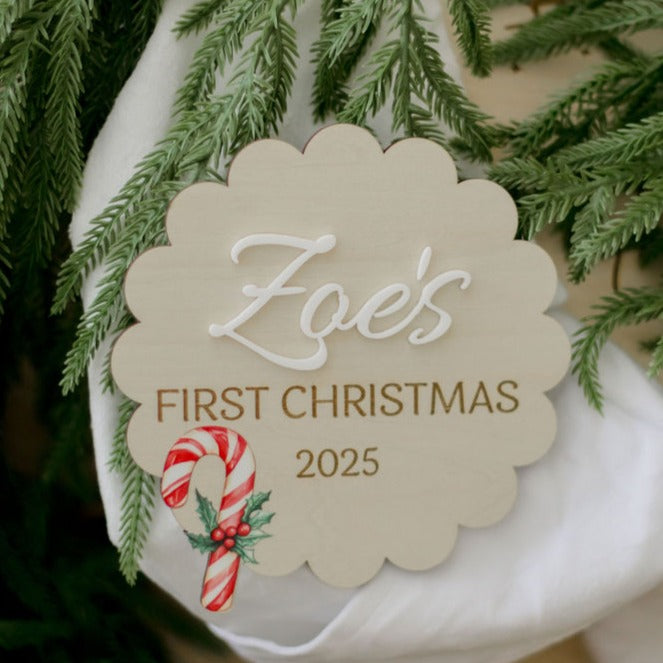 Scalloped First Christmas plaque with Watercolour design