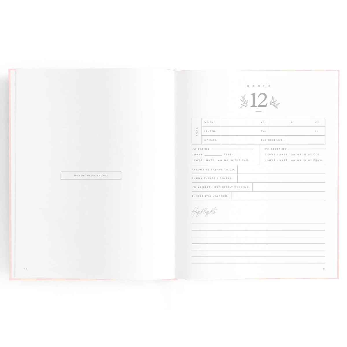 Baby book pages with area for 12 month details