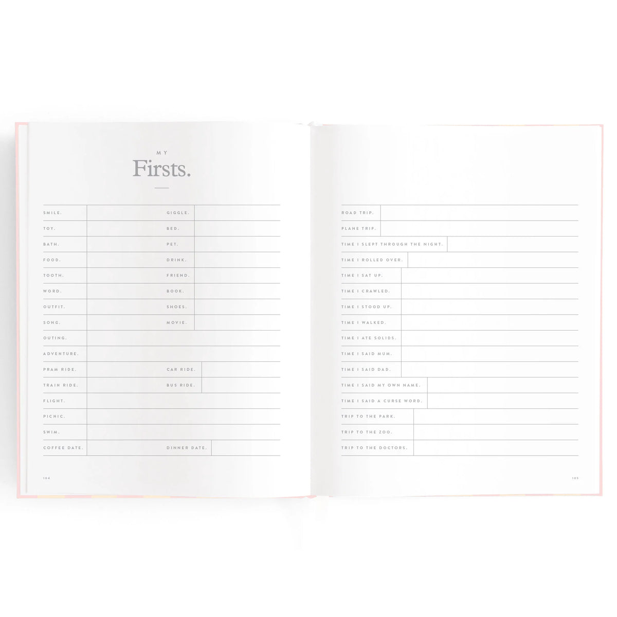 Baby book pages with area for baby's firsts