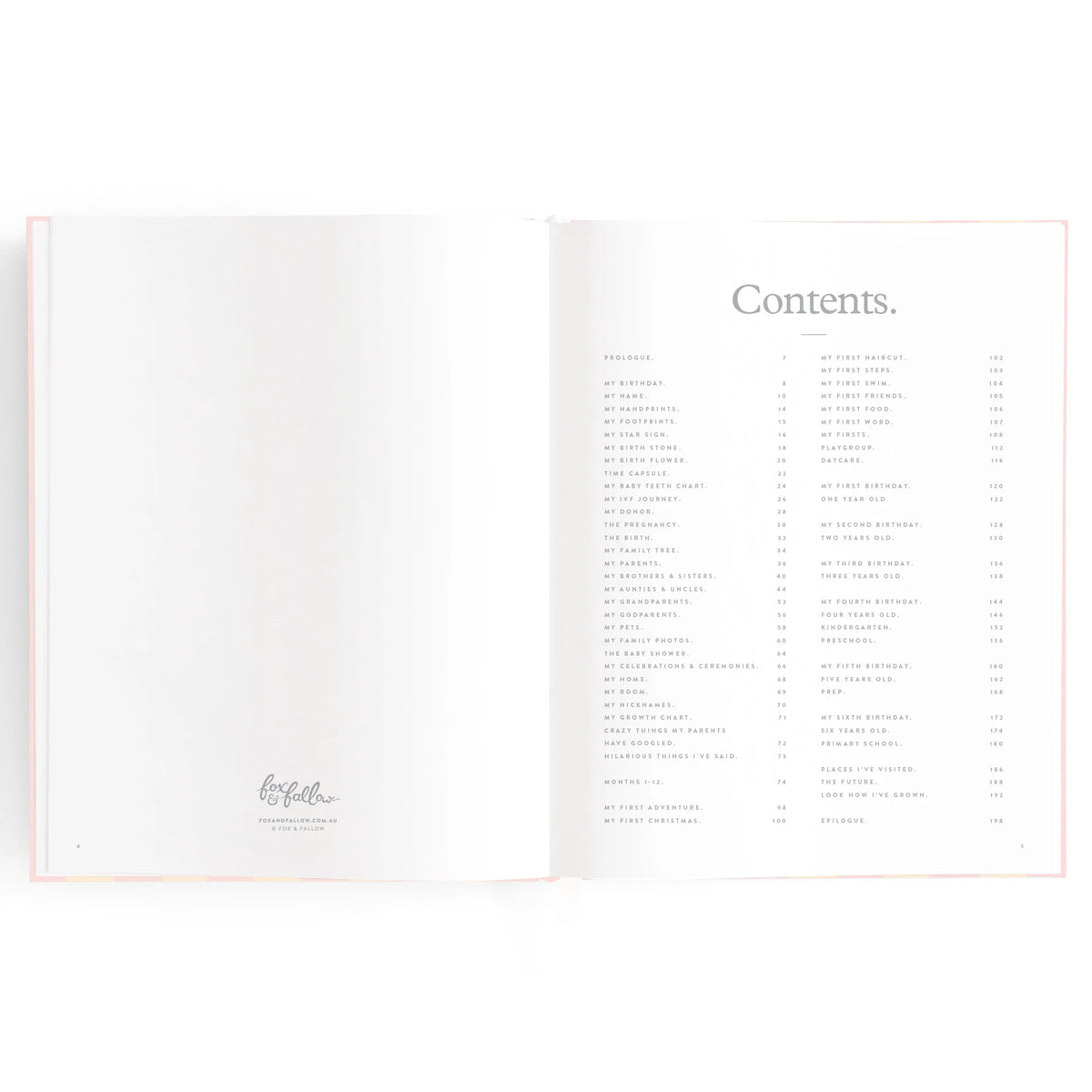 Baby book pages with contents