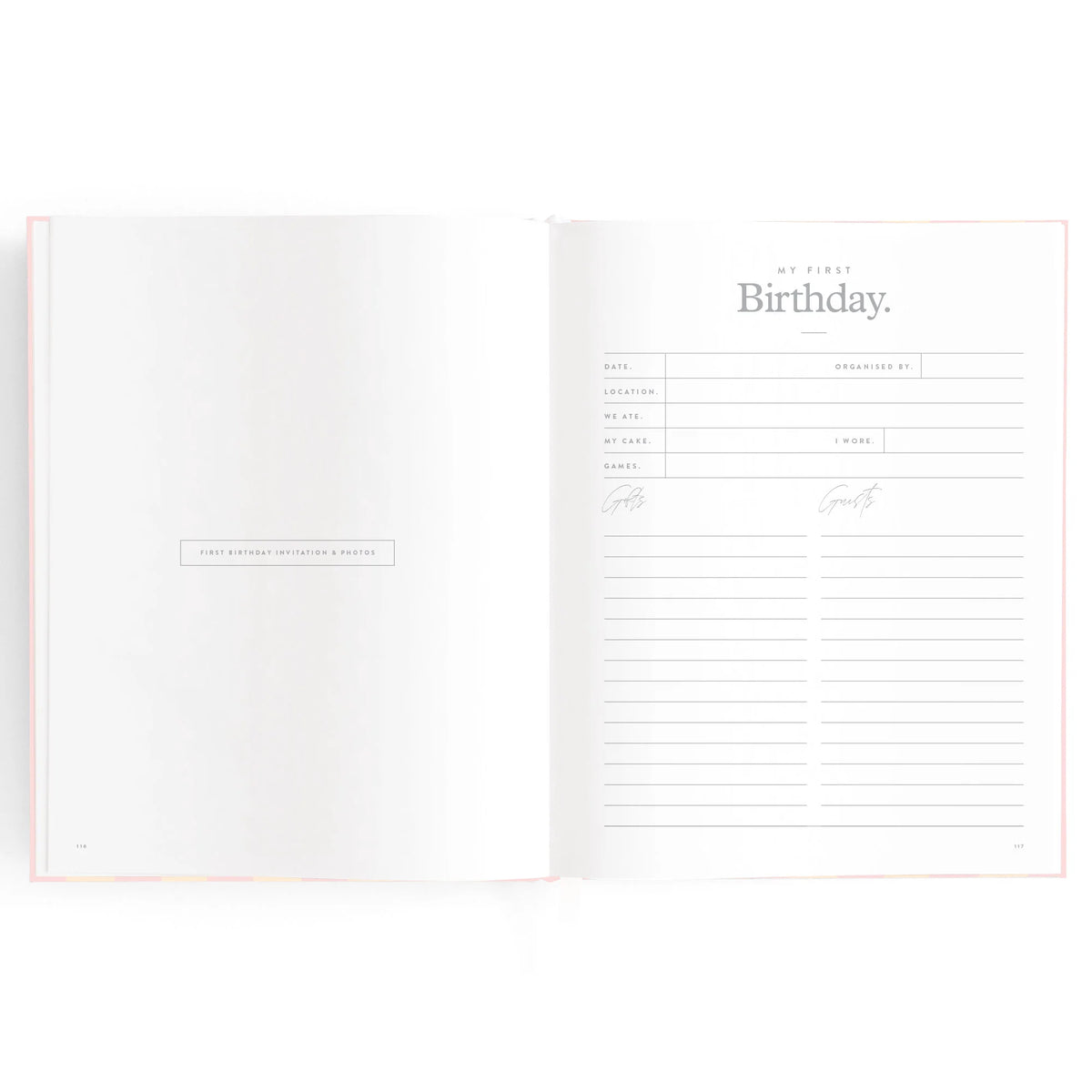Baby book pages with area for first Birthday section