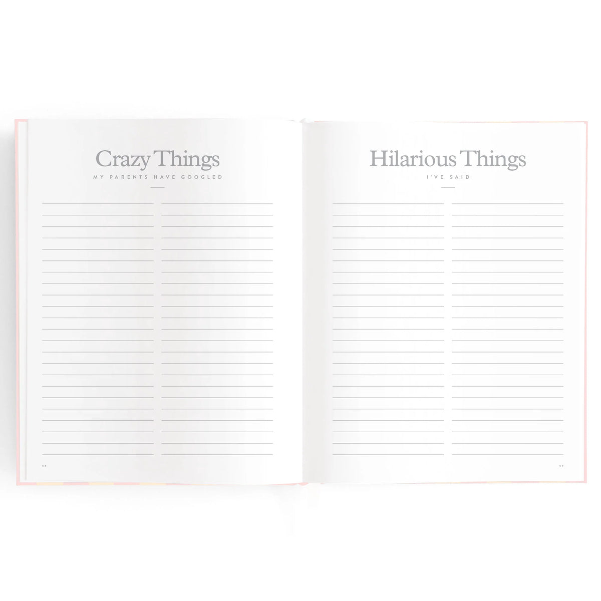 Baby book pages with area for "crazy things my parents googled and Hilarious things I've said"