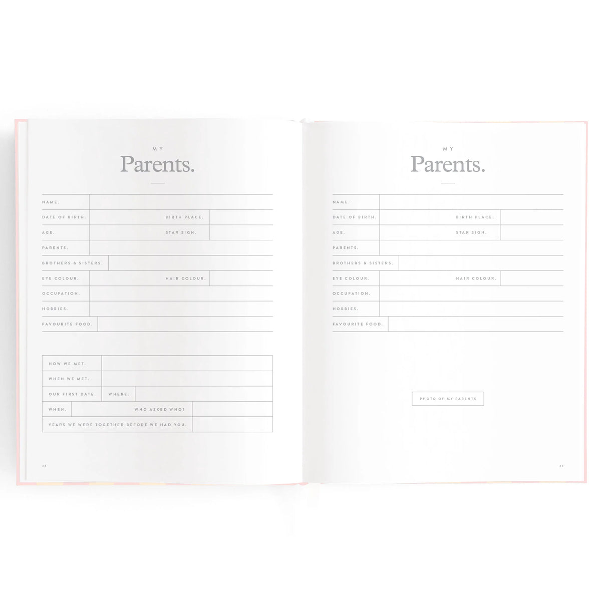 Baby book pages with area for Parents details