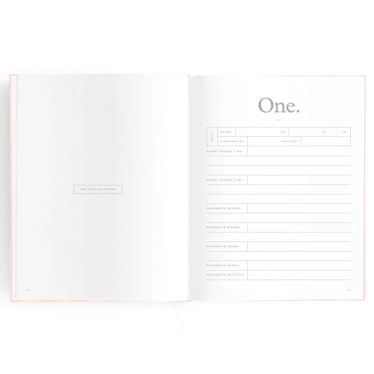 Baby book pages with area for One year old details