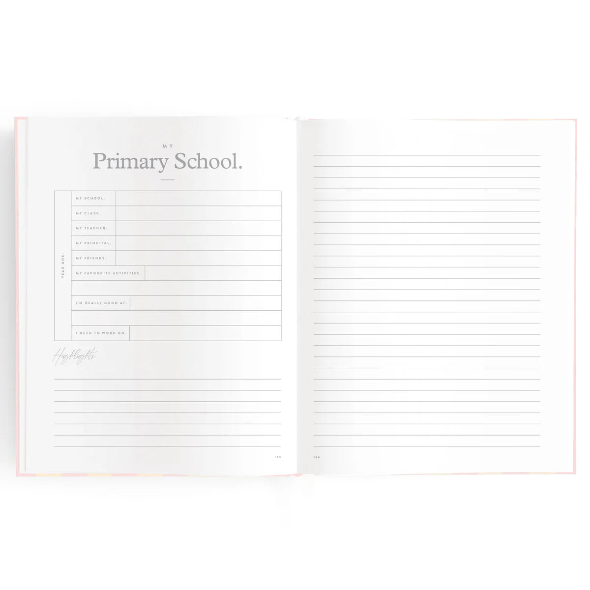 Baby book pages with area for Primary School details
