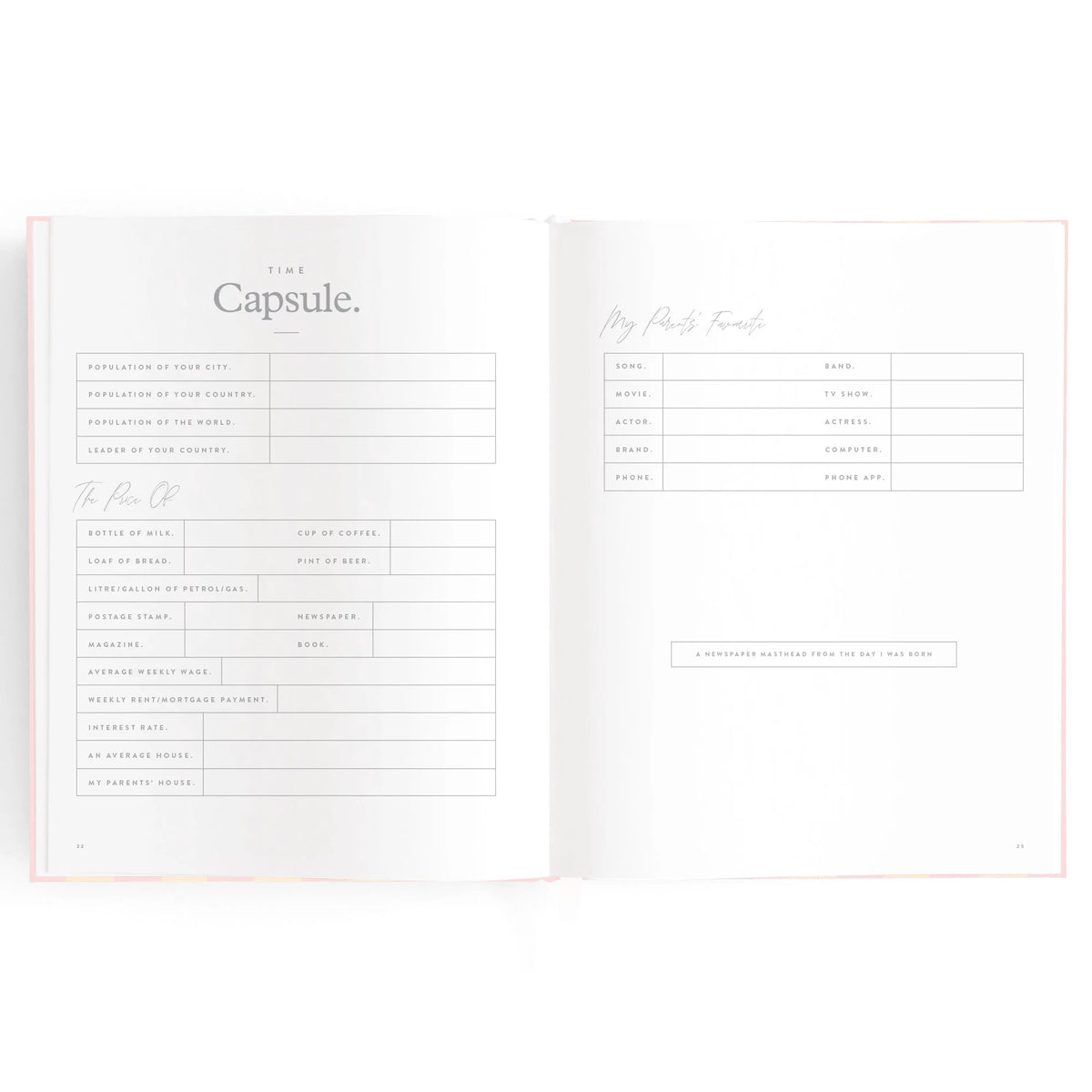 Baby book pages with area for Time Capsule