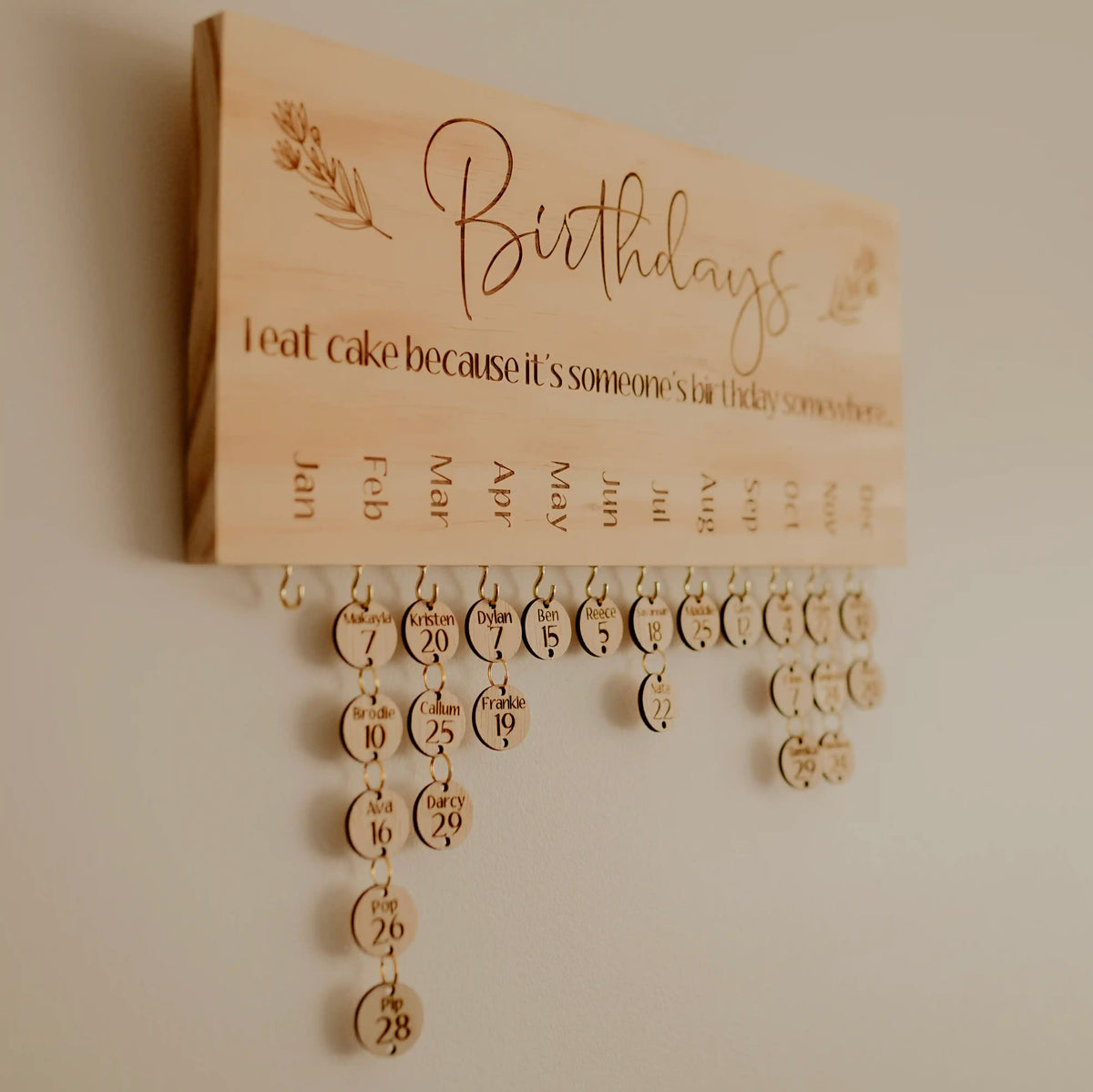Wooden wall hanging displaying friends and familys birthdays. Honeycomb Living Decor and Keepsake Australia