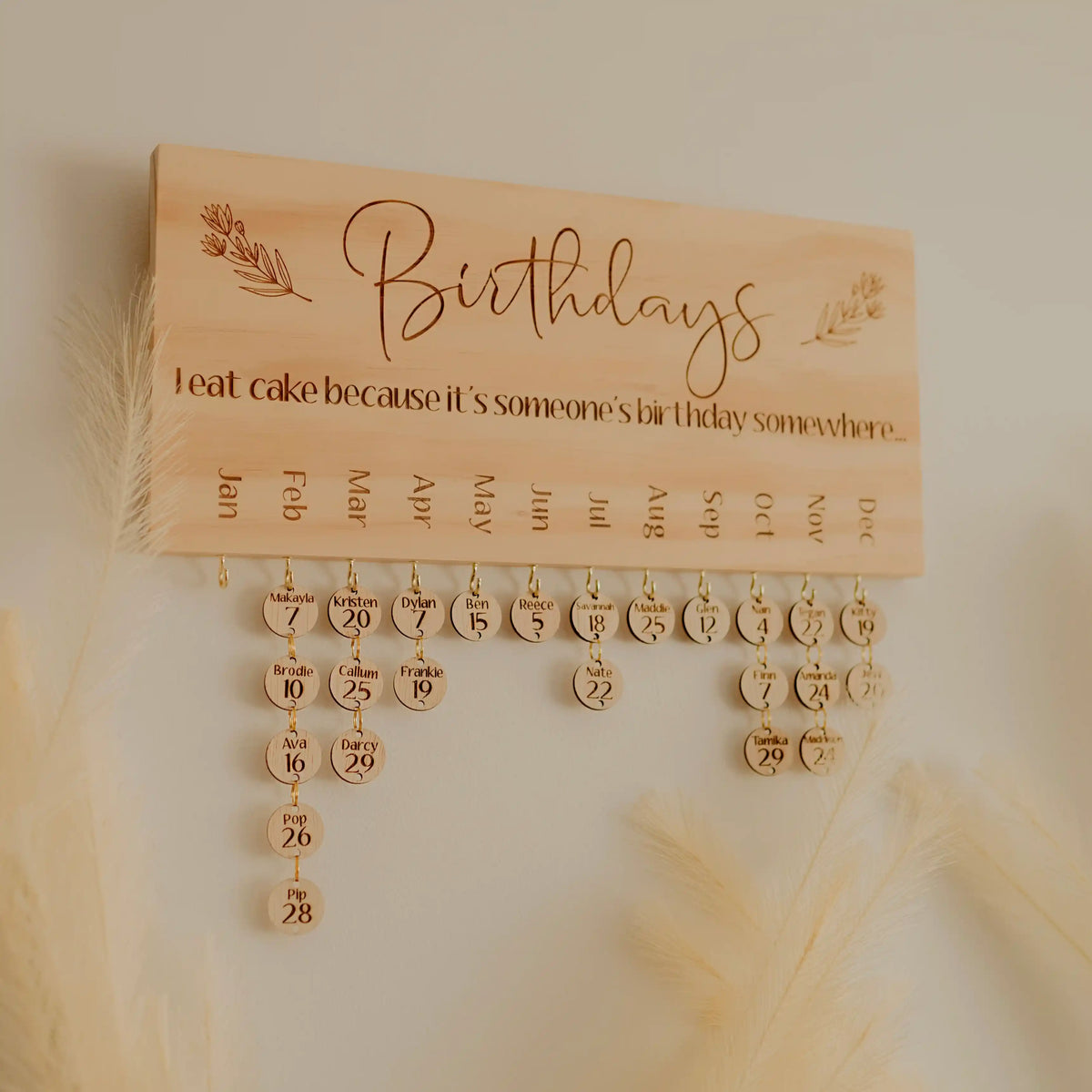 Wooden Birthday Calendar with hanging birthdays for friends and family Australia