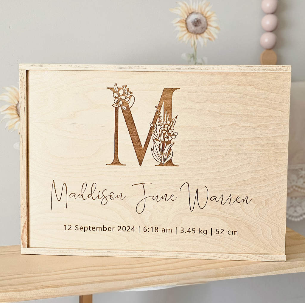 Botanical Floral Letter personalised wooden keepsake box — Australian made baby keepsake