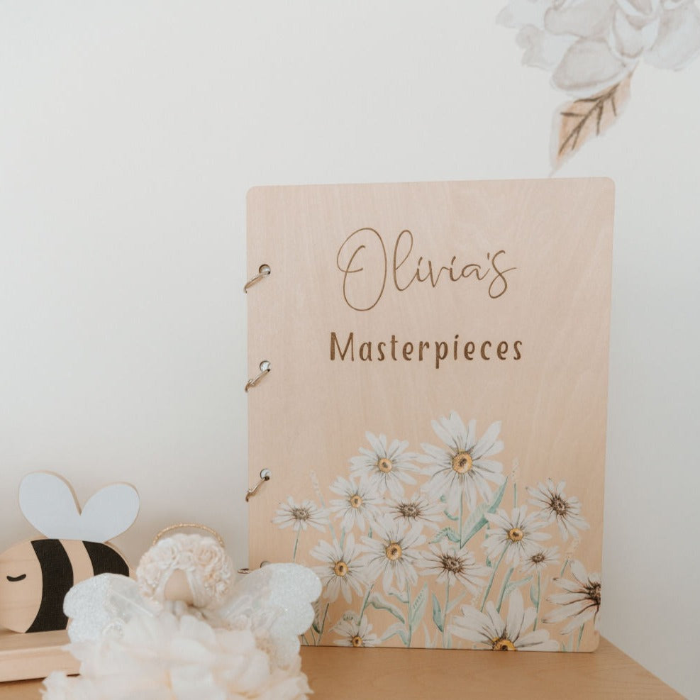 Wild Daisy design personalised children's art binder — custom engraved name, handmade in Australia