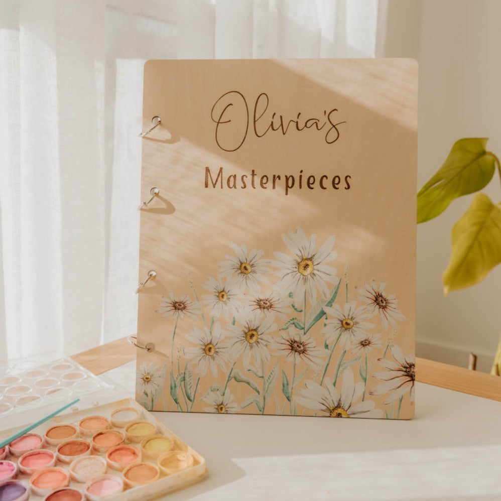 Wild Daisy children's art folder showing engraved wooden cover — Honeycomb Living