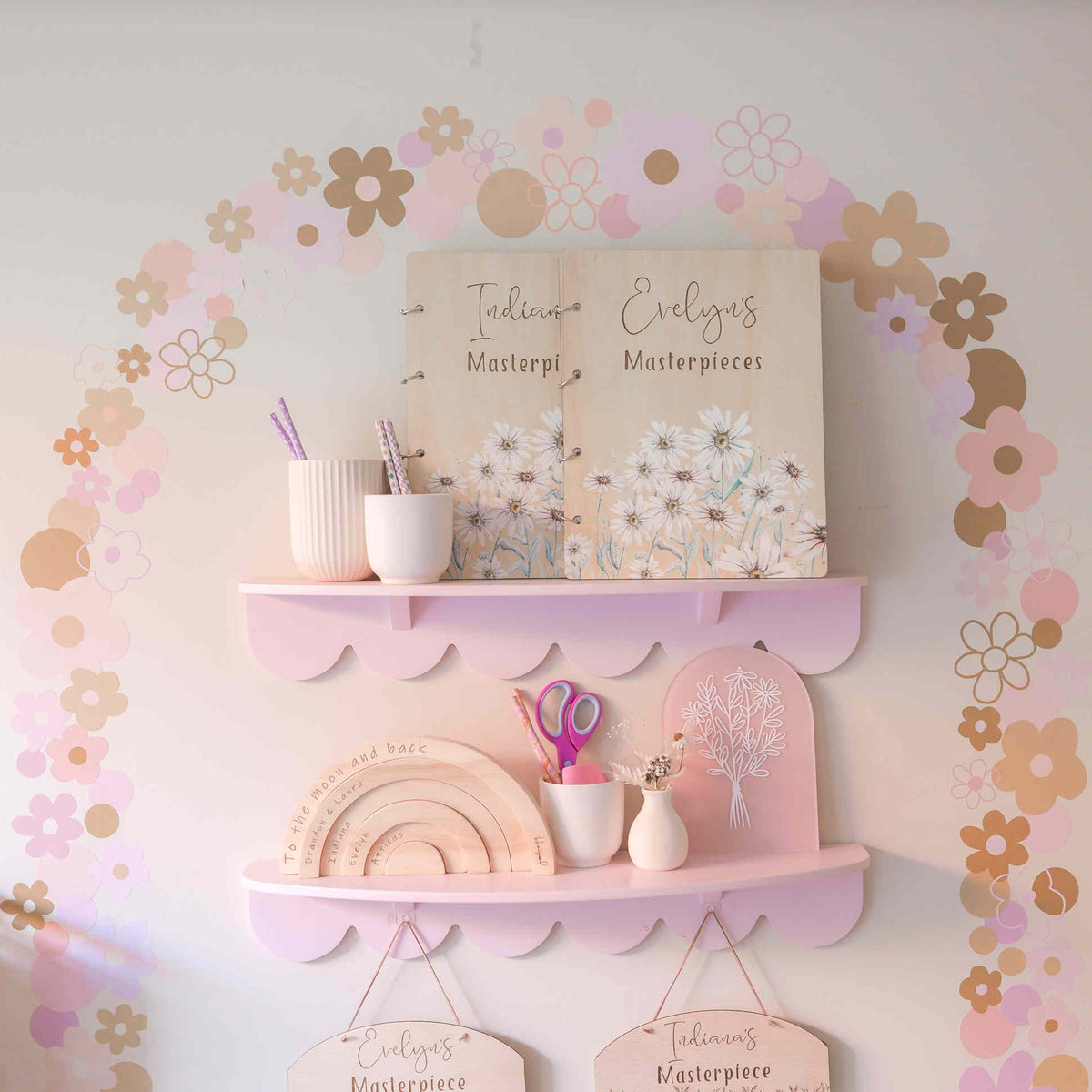 Wild Daisy personalised art binders in playroom — children's artwork storage Honeycomb Living