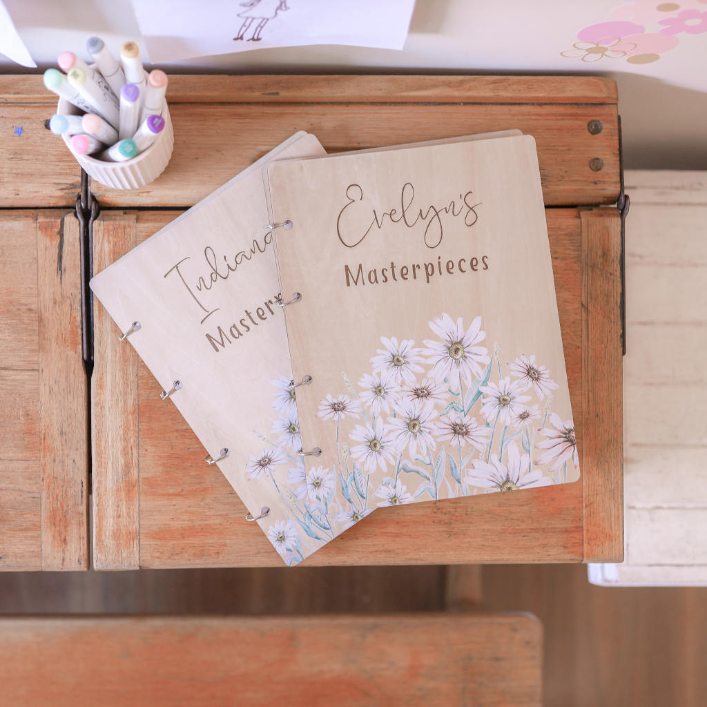Evelyn and Indiana's personalised Wild Daisy art binders — sibling keepsakes Honeycomb Living