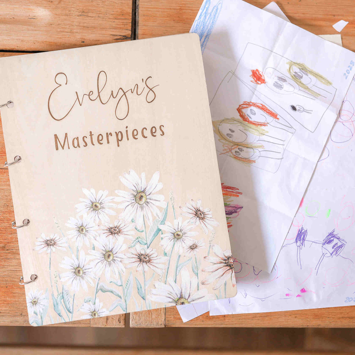 Evelyn's Masterpieces Wild Daisy art binder — personalised children's artwork folder