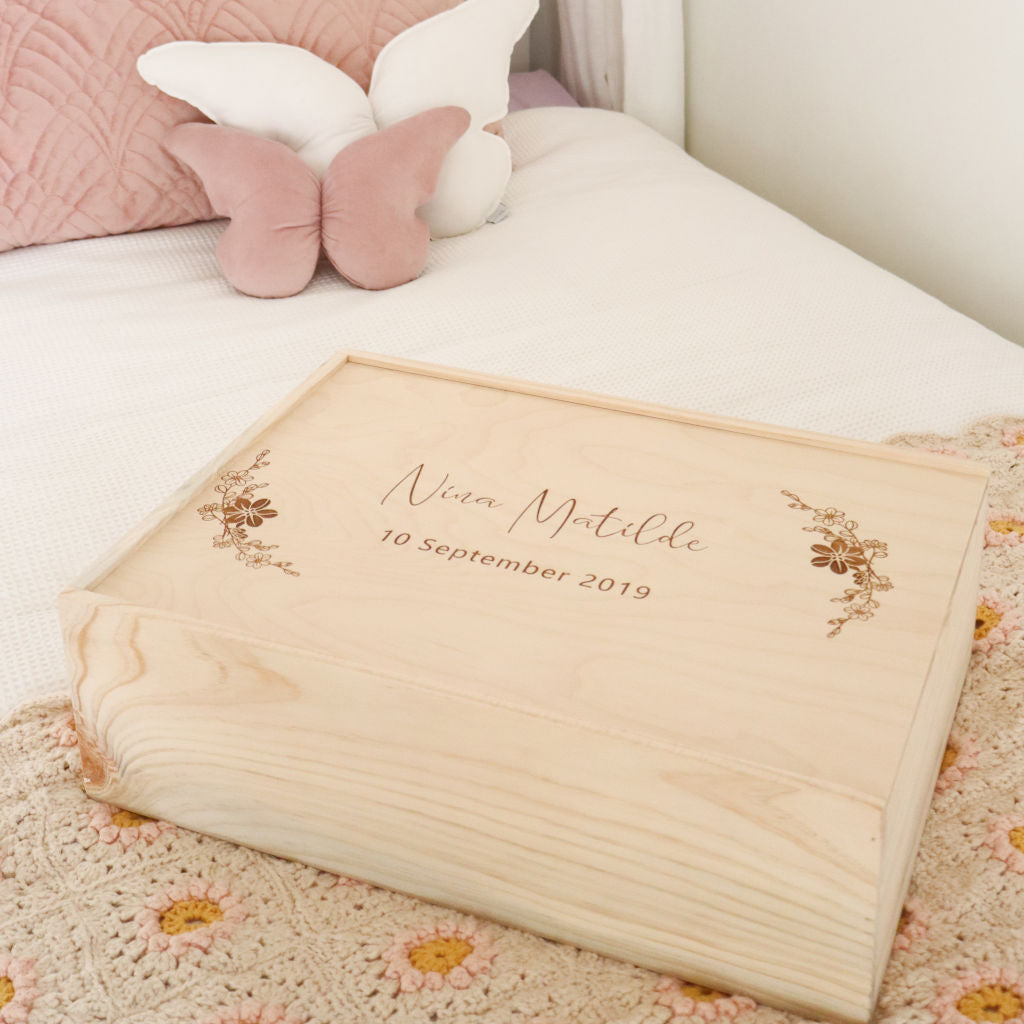 Floral Corners design personalised wooden keepsake box — baby keepsake handmade in Australia