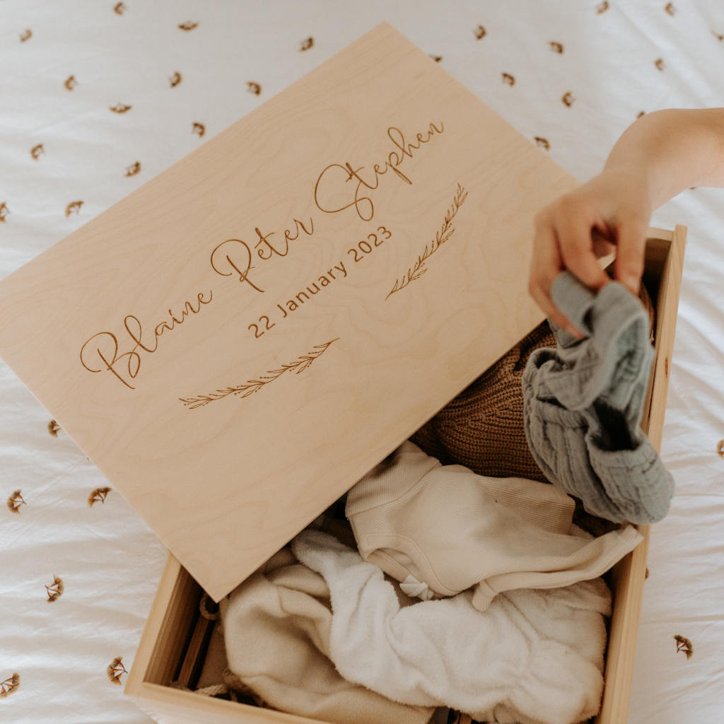 Foliage Flourish personalised wooden keepsake box — baby keepsake gift handmade in Australia