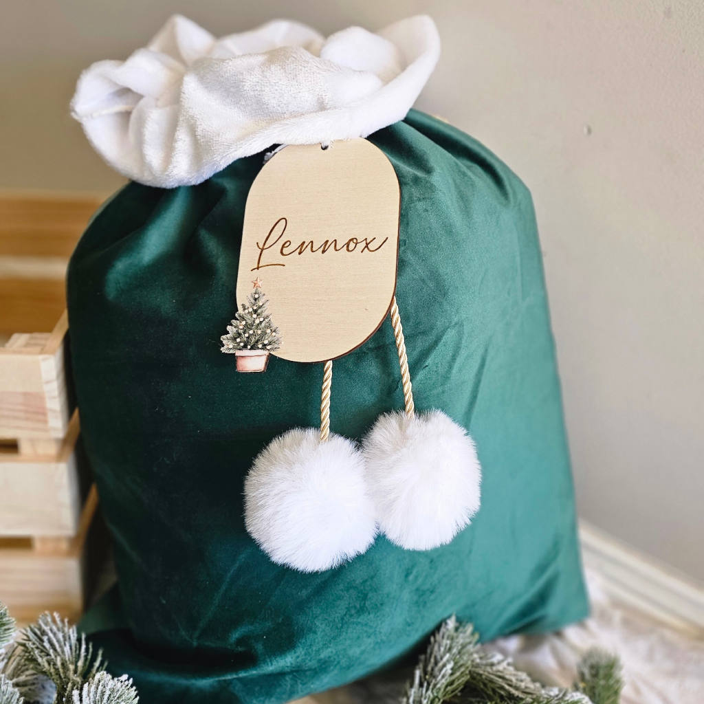 Velvet Santa Sacks (various colours) wooden tag personalisation
