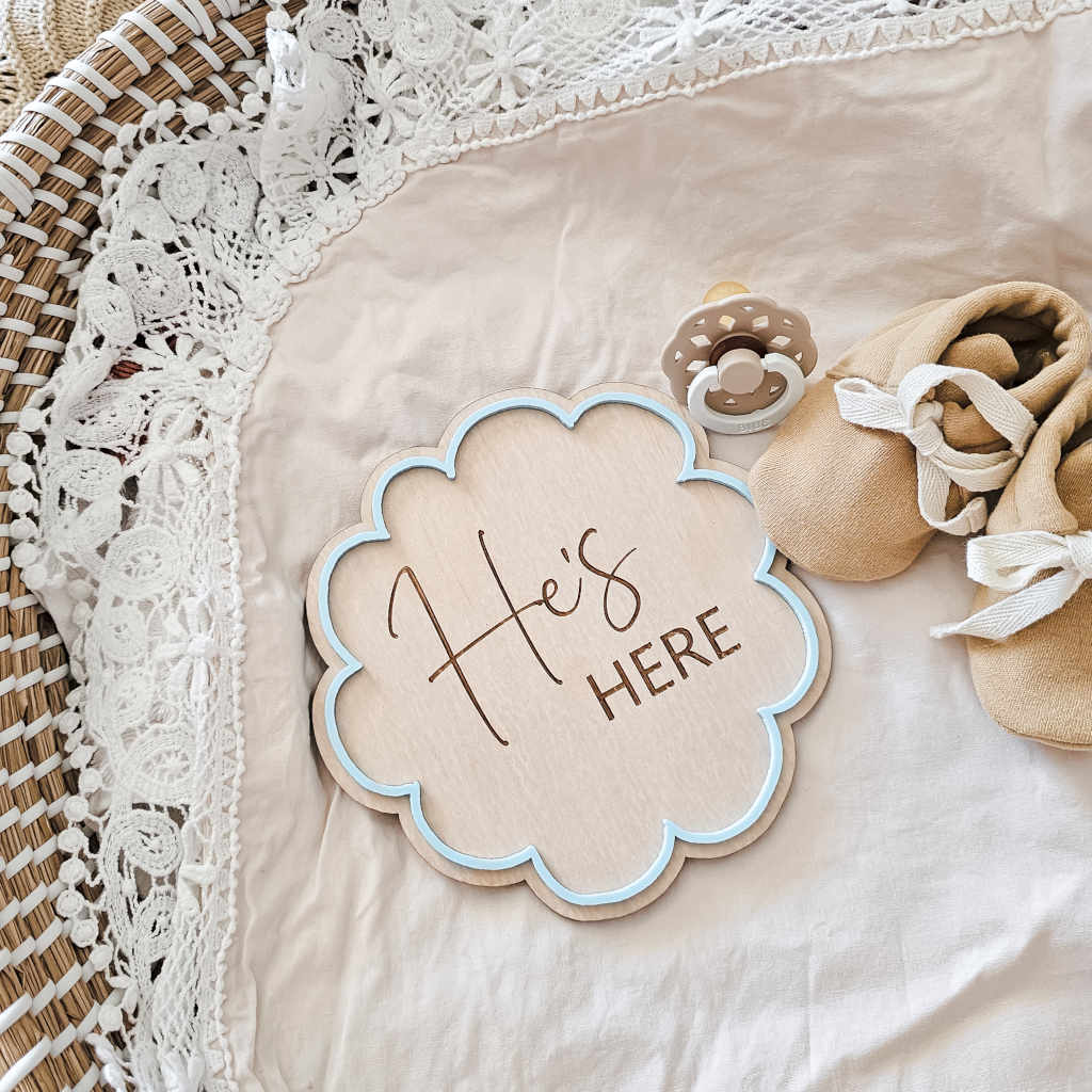 He&#39;s Here - Scalloped Plaque