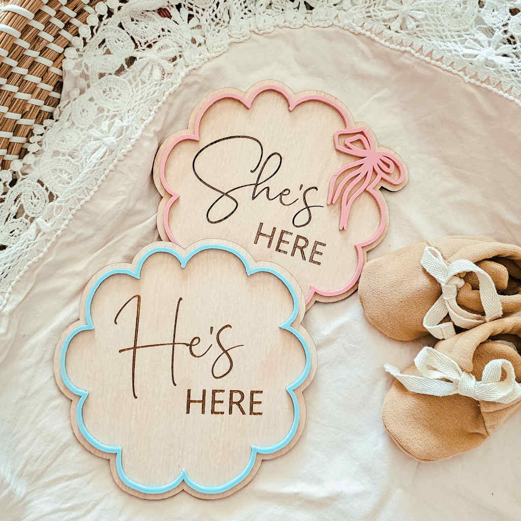 She&#39;s Here - Scalloped Bow Plaque