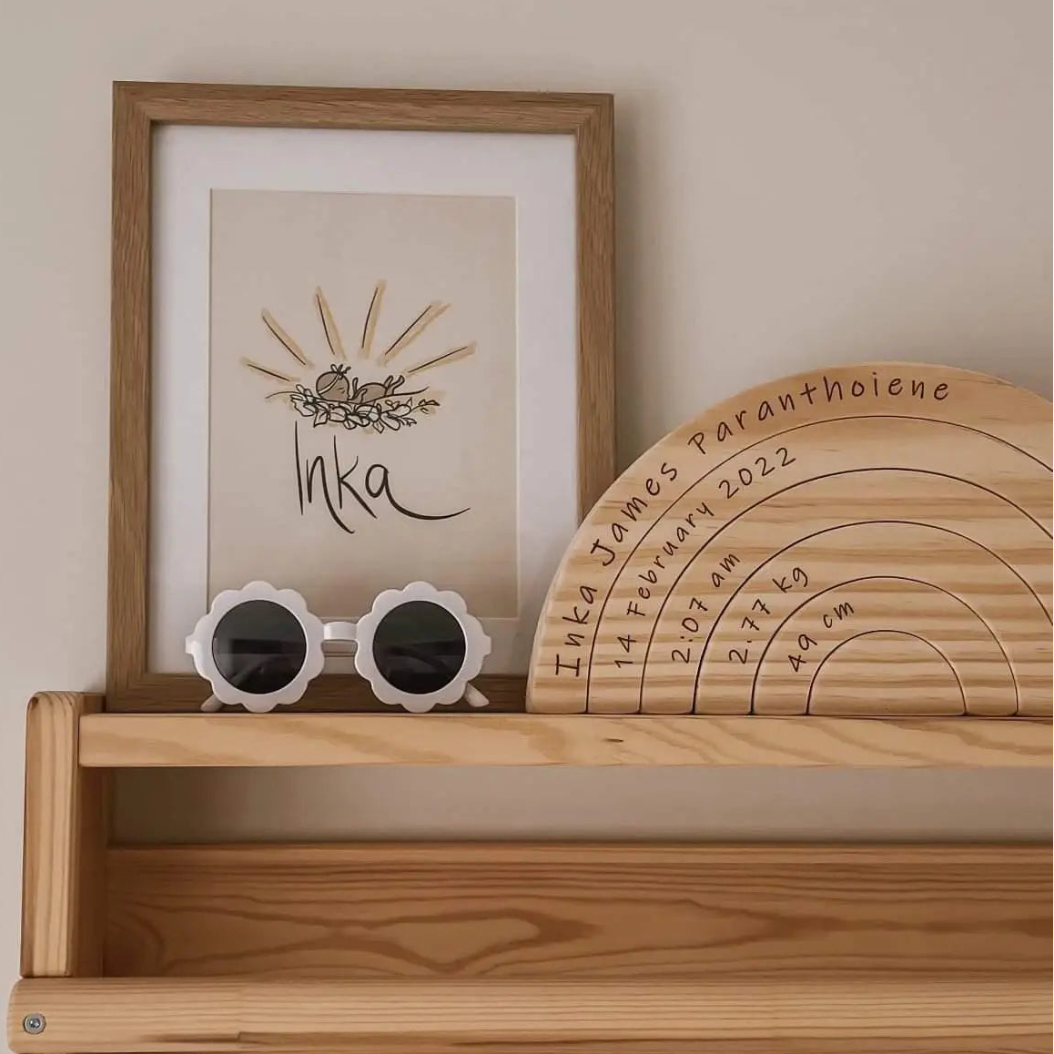 Inka's personalised wooden birth rainbow engraved with name, date of birth, weight and length