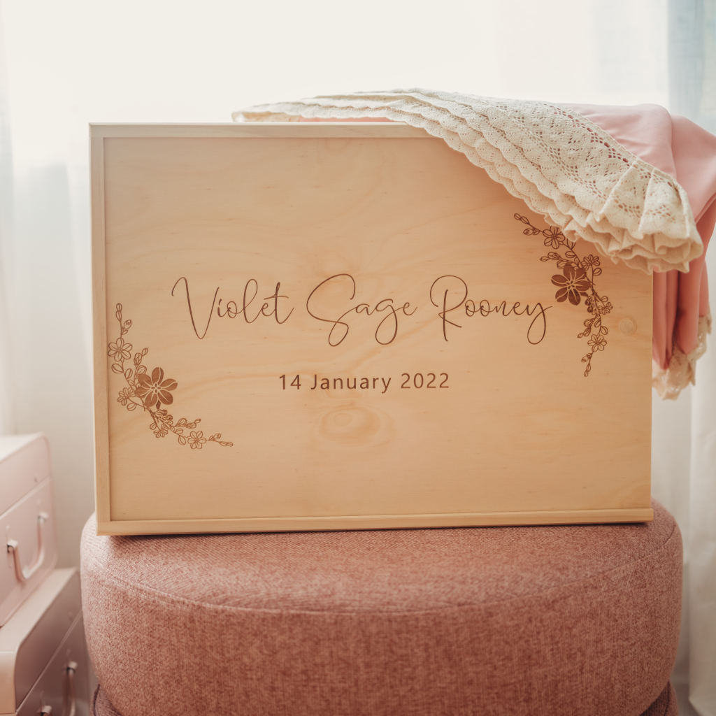 Floral Corners personalised wooden keepsake box with baby blanket — handmade in Australia