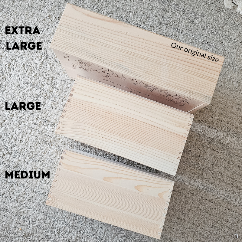 Wooden keepsake box size comparison — Medium, Large &amp; Extra Large personalised baby box options