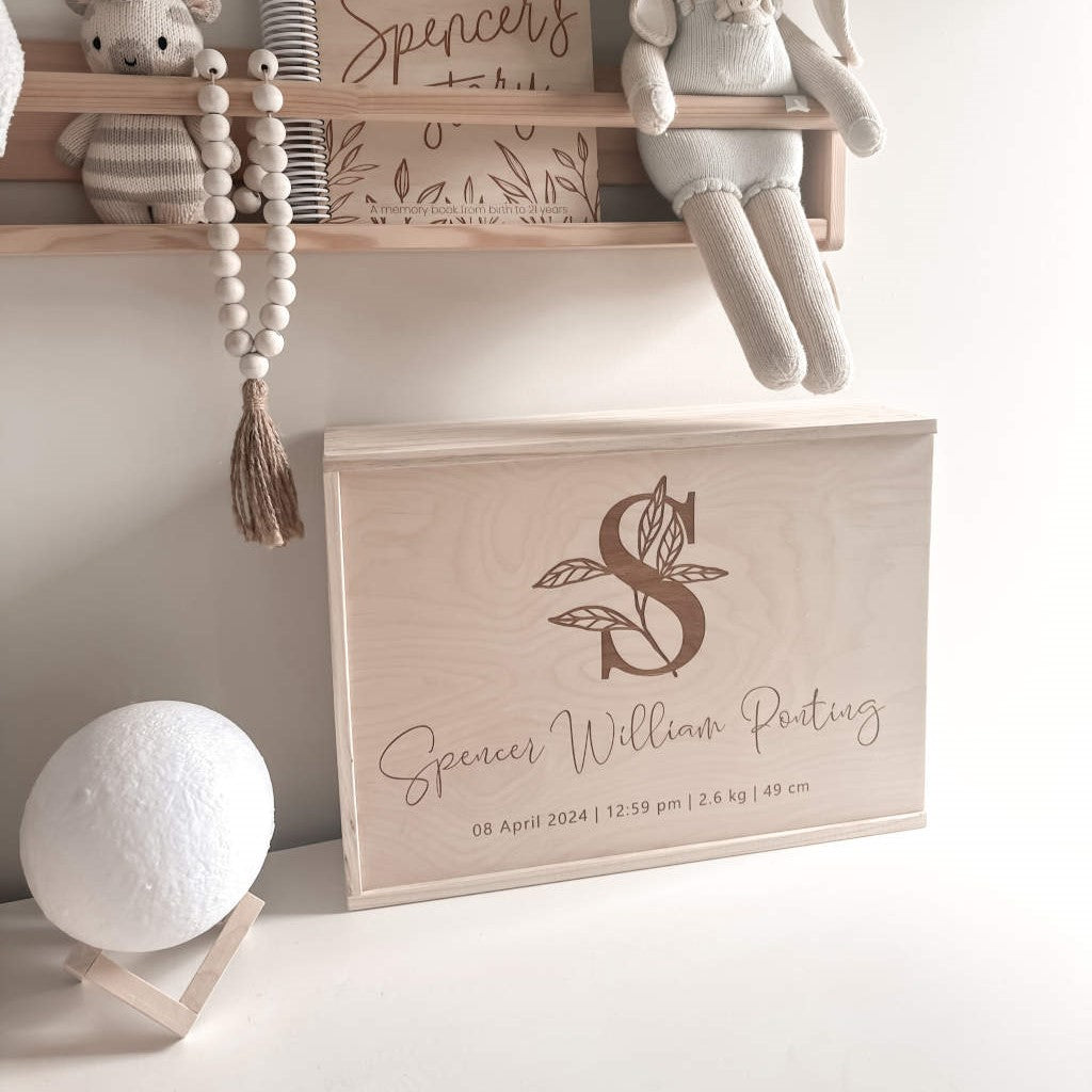 Leafy Letter personalised wooden keepsake box — custom engraved baby keepsake