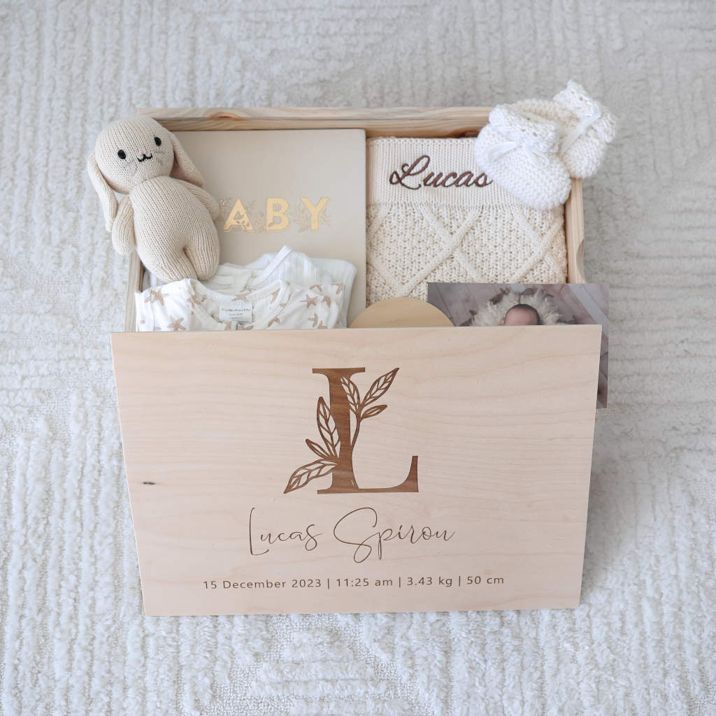Leafy Letter personalised wooden keepsake box — custom engraved baby keepsake Australia