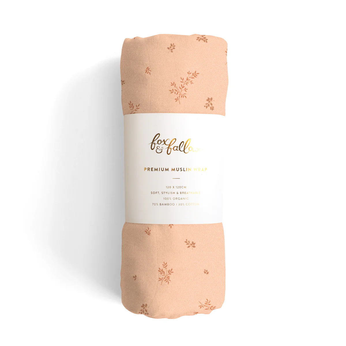Top down view of a rolled Wild Ruscus organic muslin wrap
swaddle by Fox and Fallow