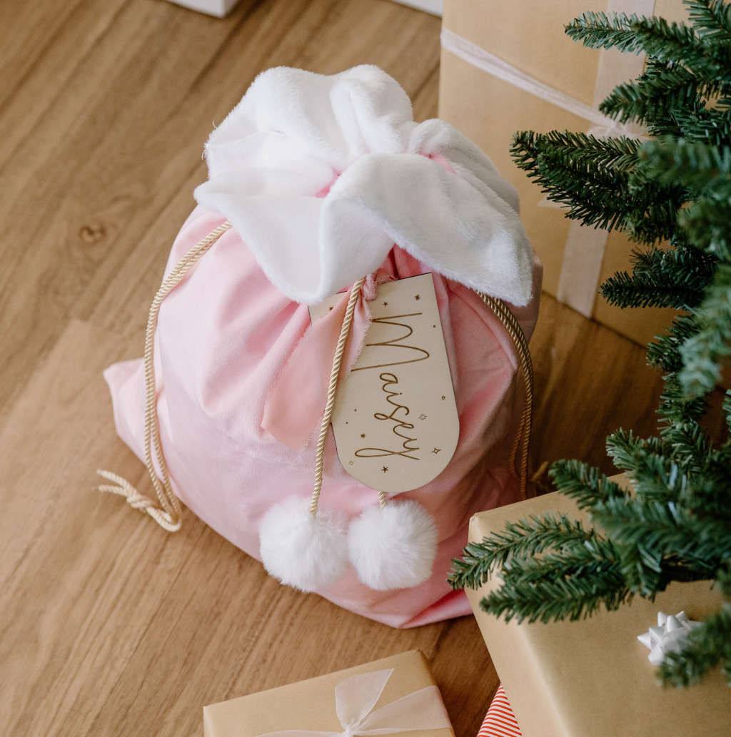 Velvet Santa Sacks (various colours) wooden tag personalisation
