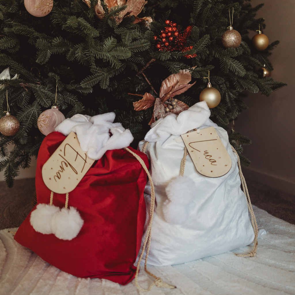 Velvet Santa Sacks (various colours) wooden tag personalisation