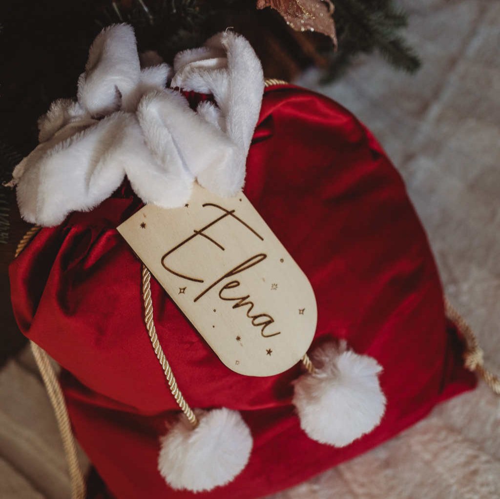 Velvet Santa Sacks (various colours) wooden tag personalisation
