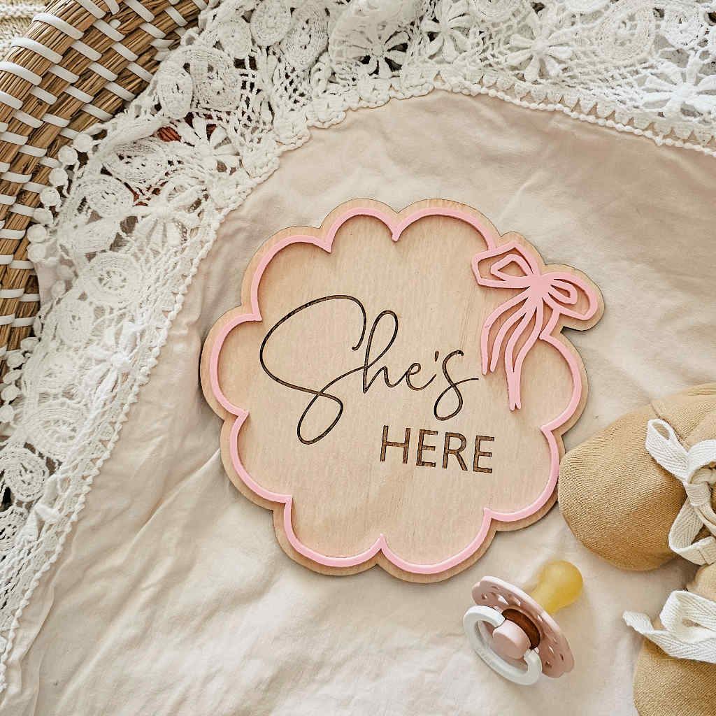She&#39;s Here - Scalloped Bow Plaque