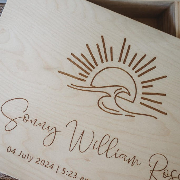 Sunset Wave personalised wooden keepsake box — custom baby keepsake made in Australia