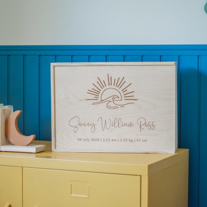 Sunset Wave design personalised wooden keepsake box — handcrafted in Lake Macquarie Australia