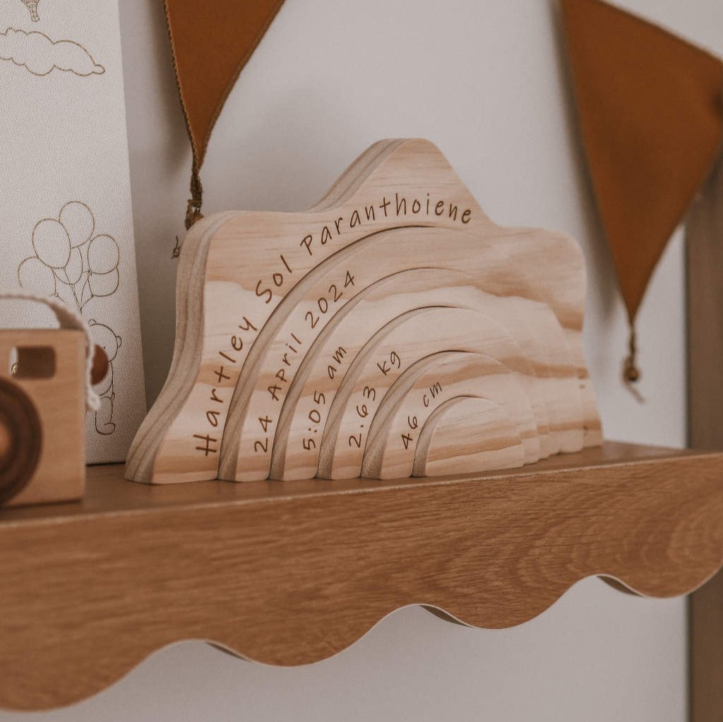 Personalised wooden Sun Stacker engraved with baby's name and birth details — handmade in Australia