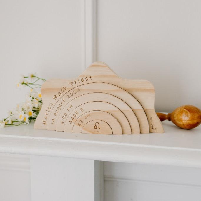 Handmade wooden sun stacker with baby birth details - Wooden Keepsake made in Australia