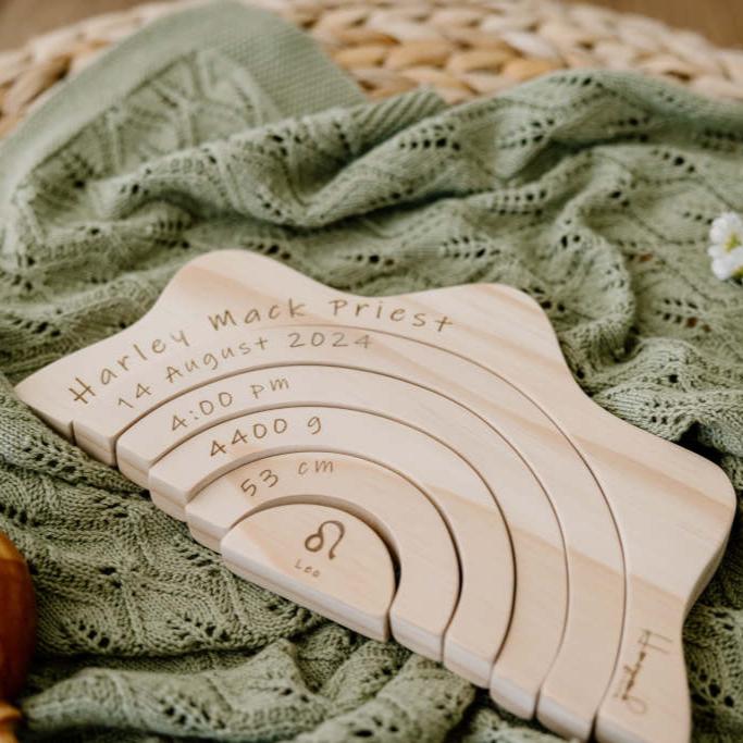 Wooden Sun Stacker personalised with baby's birth details — handmade in Australia