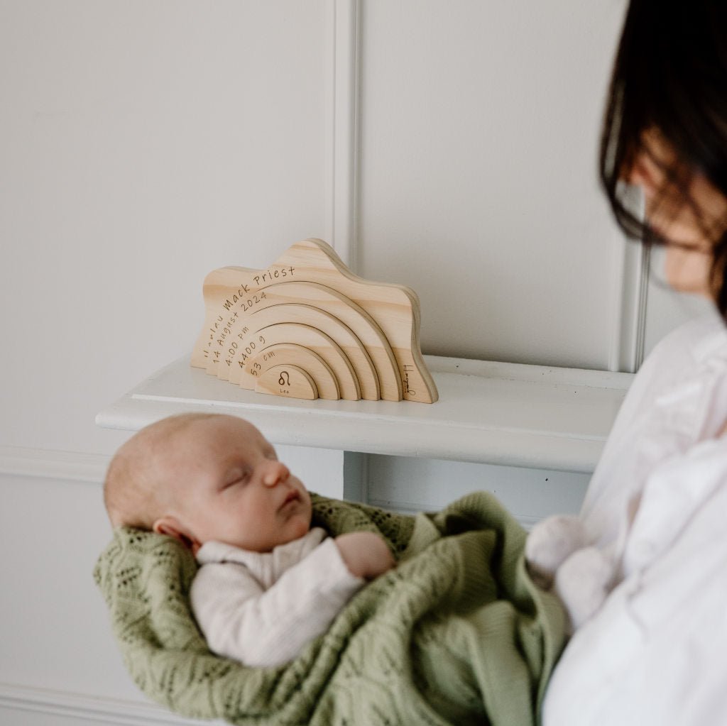 Newborn baby wooden sun stacker with  birth details - Handmade in Australia