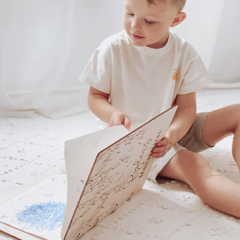 Toddler with Weeping Willow personalised art binder — children's artwork storage Honeycomb Living