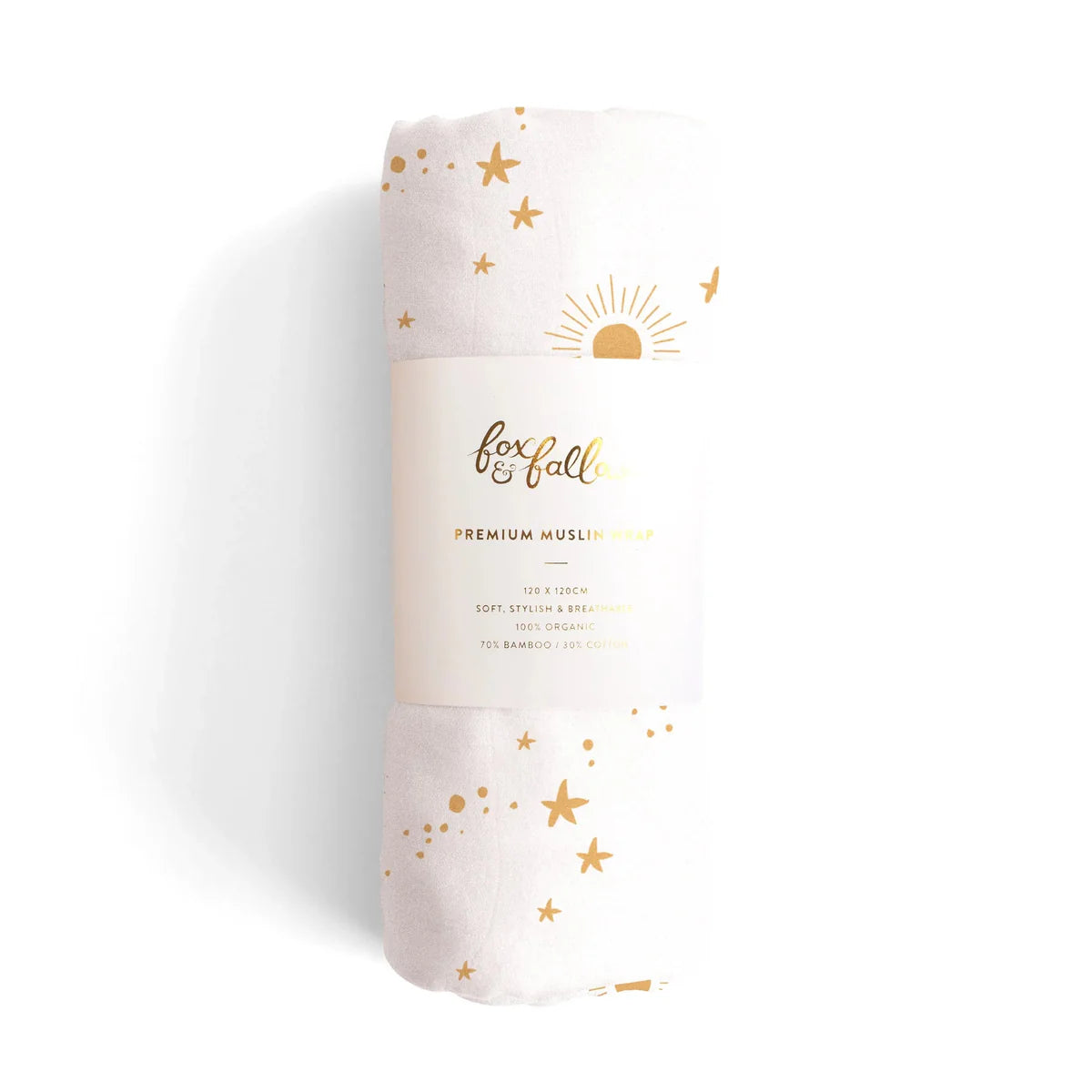 Rolled Fox and Fallow Constellation muslin wrap, white swaddle with gold star and sun print