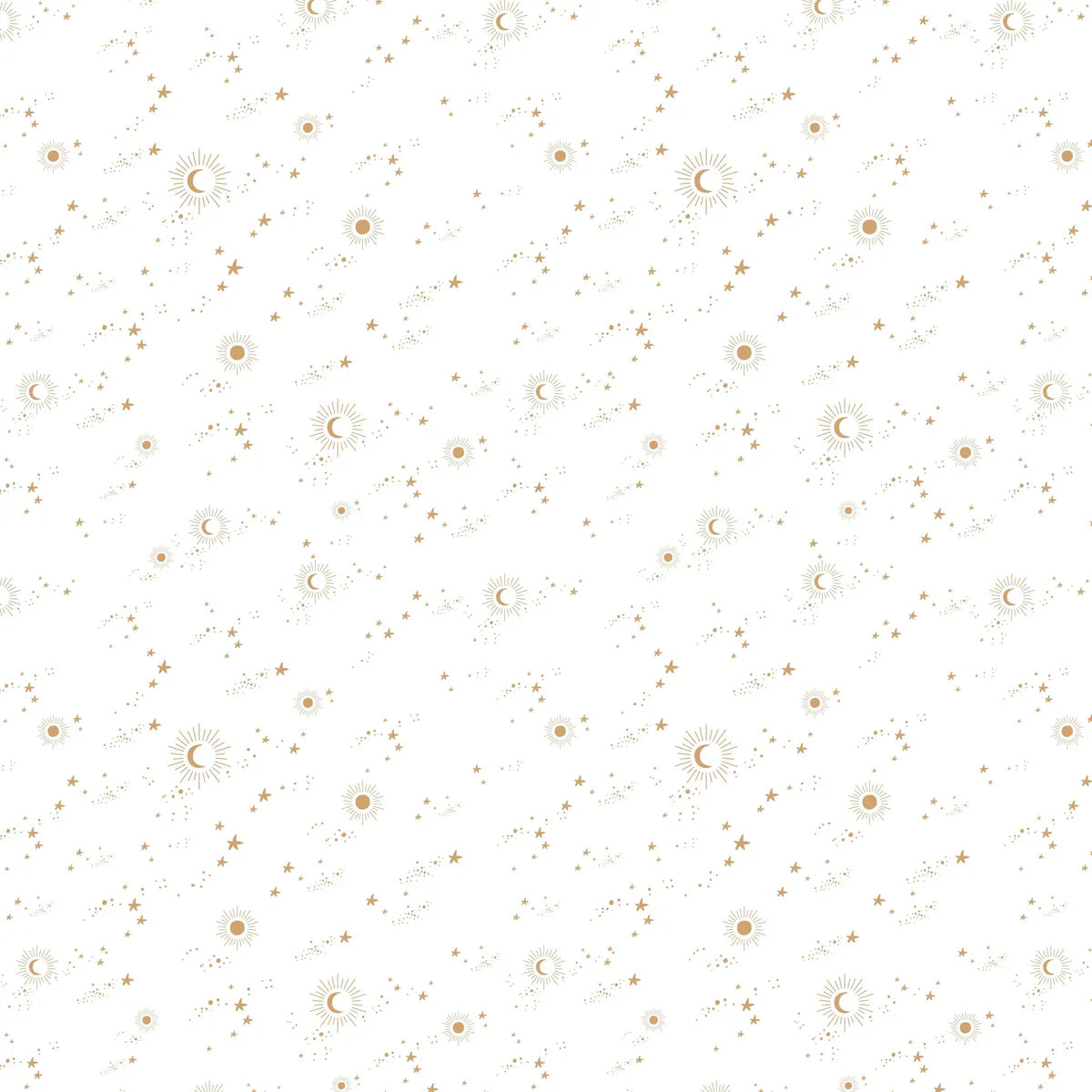 Close up of the Constellation print pattern, gold stars, moons and suns on white muslin fabric
