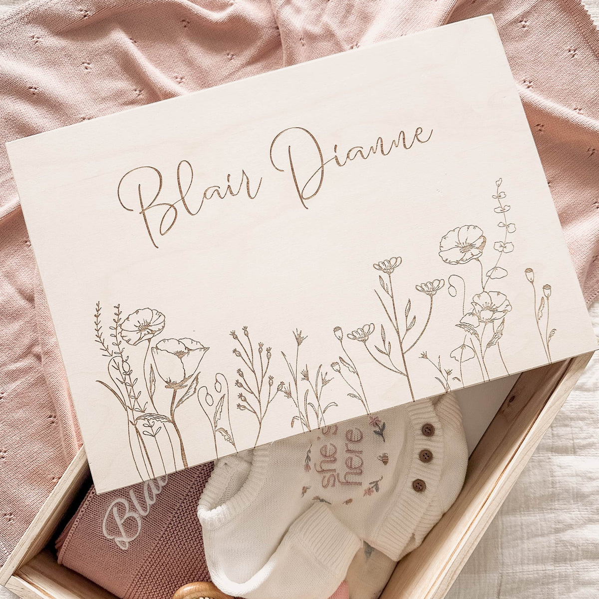 Personalised wooden keepsake box Wildflower design — Honeycomb Living baby keepsake