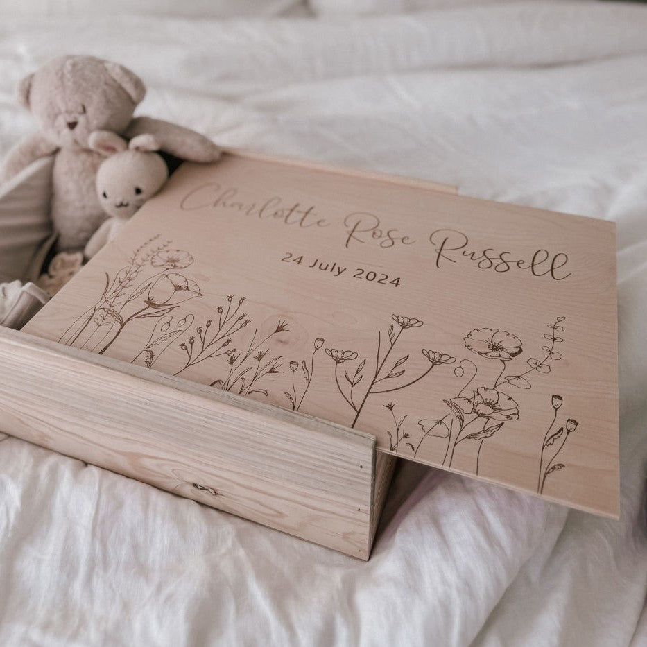 Wildflower design personalised wooden keepsake box — handcrafted baby keepsake Australia