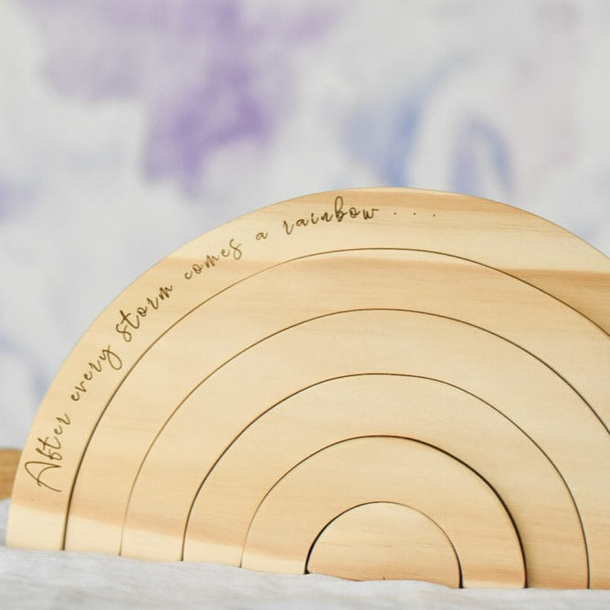 Personalised wooden rainbow with quote engraved — handmade baby gift Australia